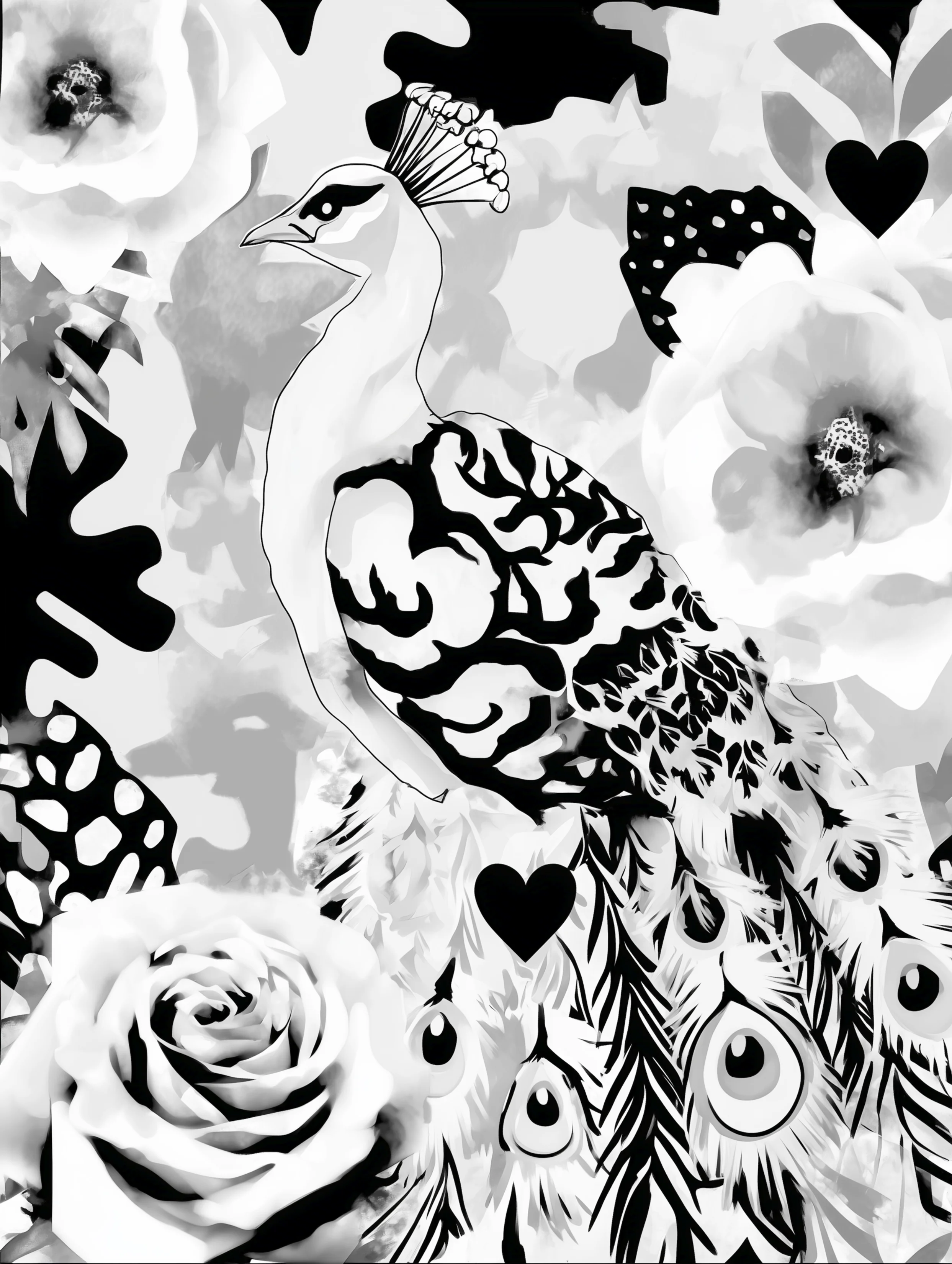 Free printable coloring page of peacock for adults featuring peacock on black heart coloring